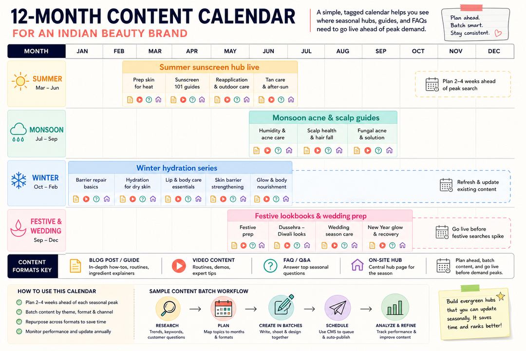 Infographic of a 12‑month content calendar for an Indian beauty brand, with colour-coded rows for summer, monsoon, winter, and festive content themes.