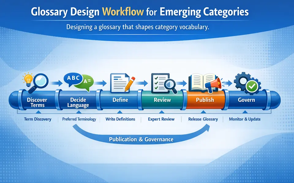 Infographic diagram of an emerging-category glossary design workflow from term discovery to publication and governance.