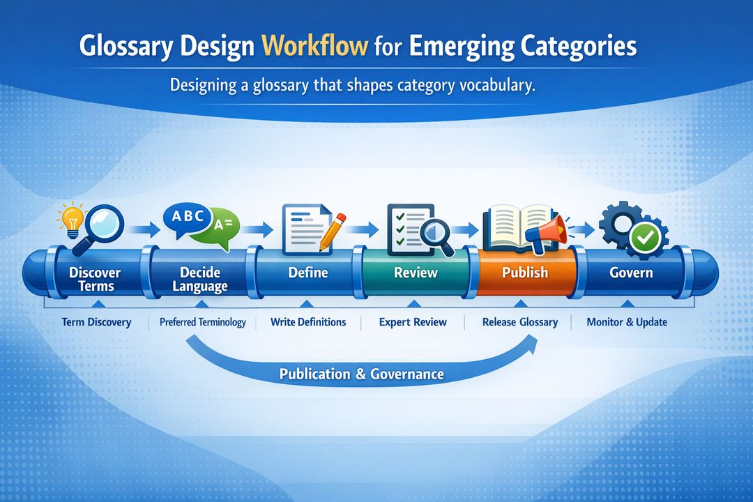 Infographic diagram of an emerging-category glossary design workflow from term discovery to publication and governance.