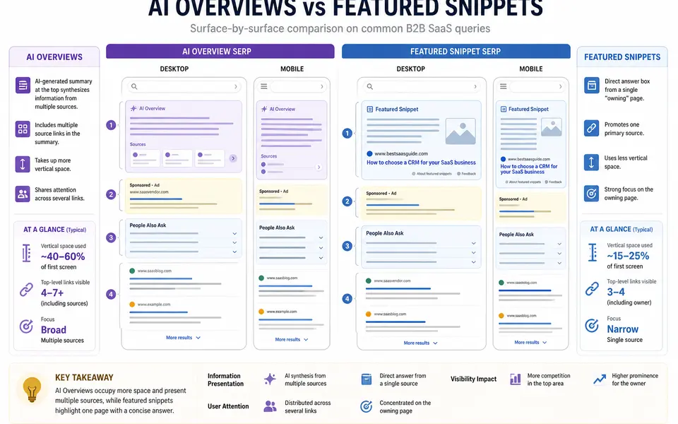 Diagram of a search results page comparing the placement of an AI Overview versus a featured snippet on desktop and mobile.