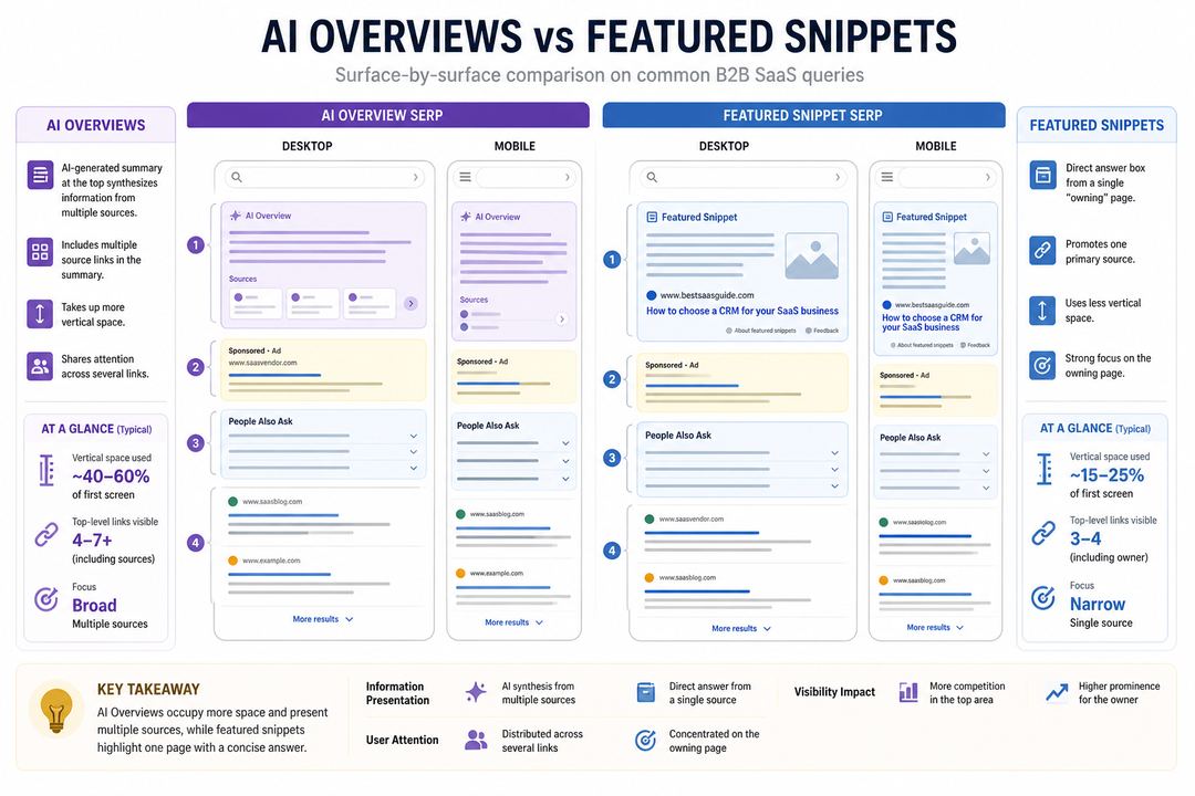 Diagram of a search results page comparing the placement of an AI Overview versus a featured snippet on desktop and mobile.