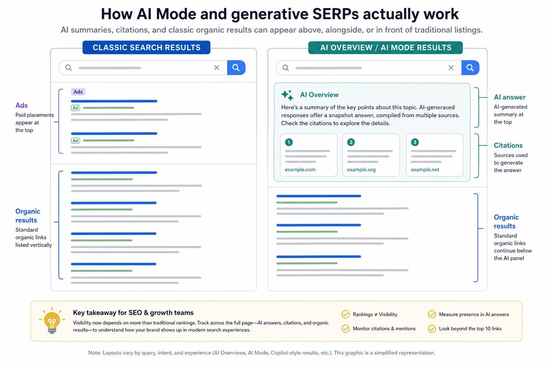 Diagram comparing classic search results with AI Overview and AI Mode layouts on Google and Bing, highlighting where AI summaries, citations, and traditional organic links appear.