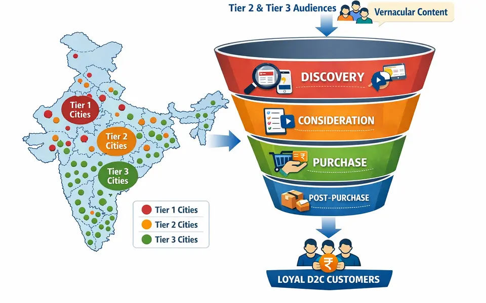 Infographic of an India map with Tier 1, Tier 2, and Tier 3 city clusters feeding into a vernacular D2C customer journey funnel.