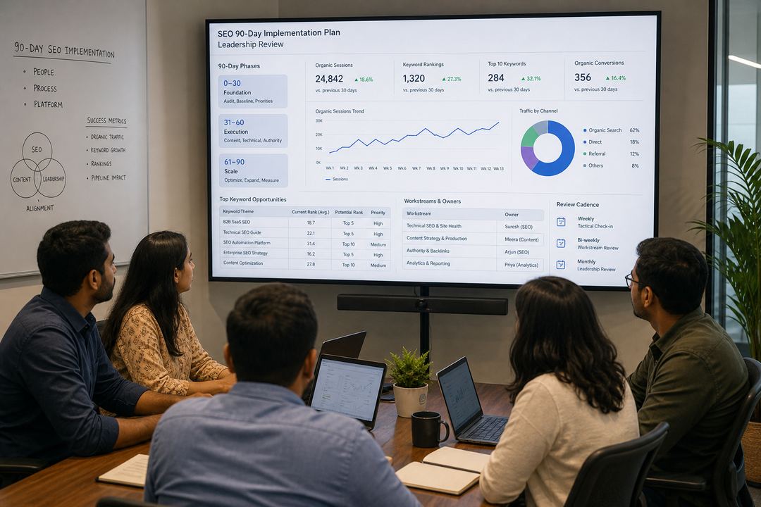 An Indian B2B marketing team in a conference room reviewing SEO and analytics dashboards on a large screen.