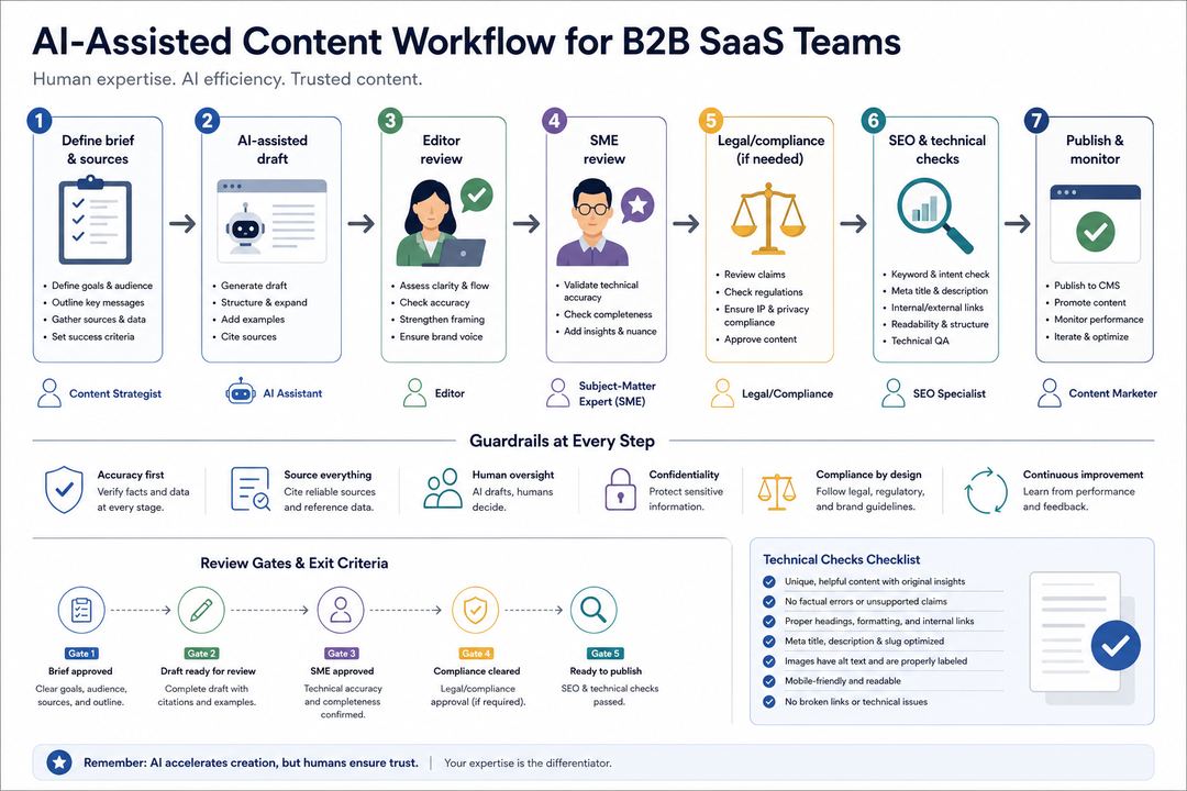 Flow diagram of an AI-assisted content workflow for a B2B SaaS team from brief to AI draft, human review, and publication.