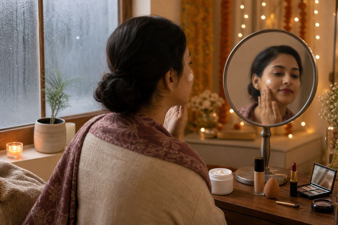 Indian woman indoors during winter, applying a rich moisturiser and preparing a long-wear festive makeup look.