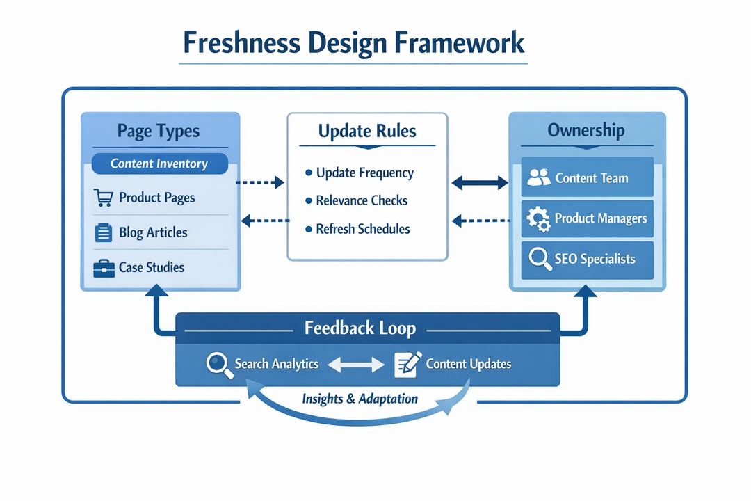 Infographic showing a freshness design framework: page types, update rules, ownership, and a feedback loop from search data back into content updates.