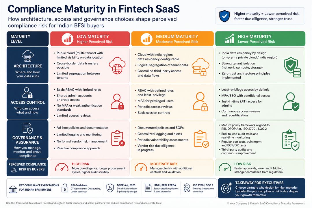 Infographic comparing low, medium and high compliance maturity for fintech SaaS across architecture, access and governance.