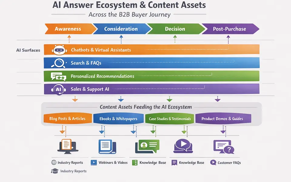 Infographic showing AI answer ecosystem across buyer journey stages and content assets