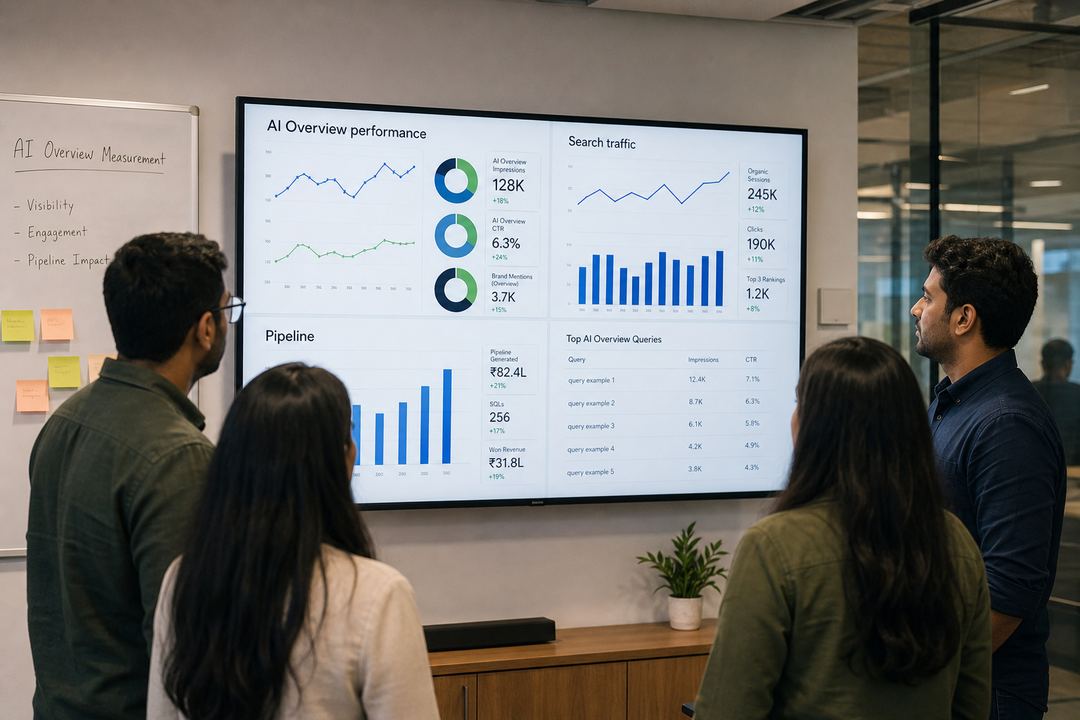 Indian SaaS marketing and SEO team collaborating around a screen showing dashboards for AI Overview and search performance.