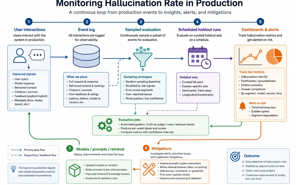 Timeline-style graphic showing production events flowing into sampling, evaluation jobs, alerts, and mitigations.
