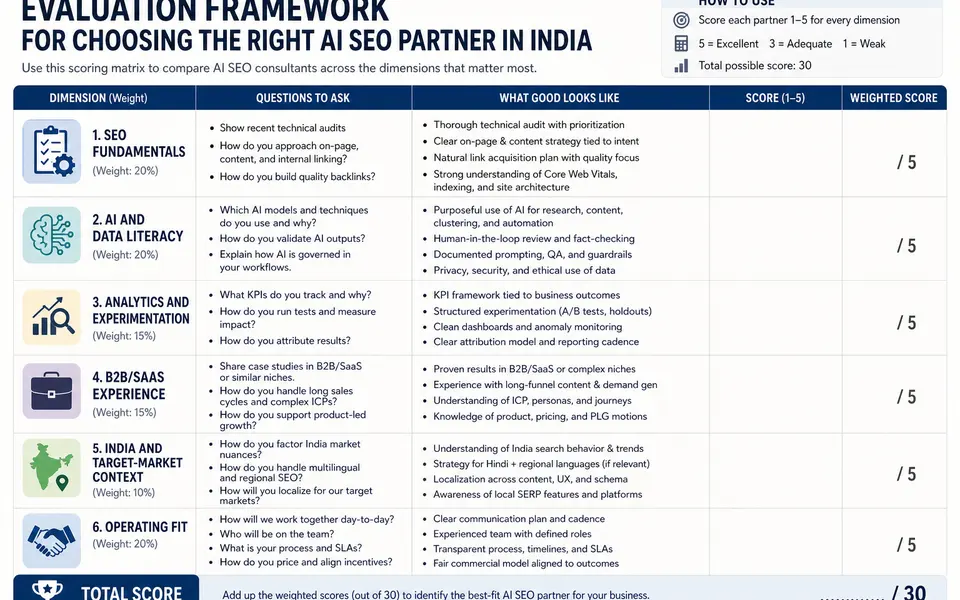 Matrix showing AI SEO evaluation dimensions scored across potential consulting partners.