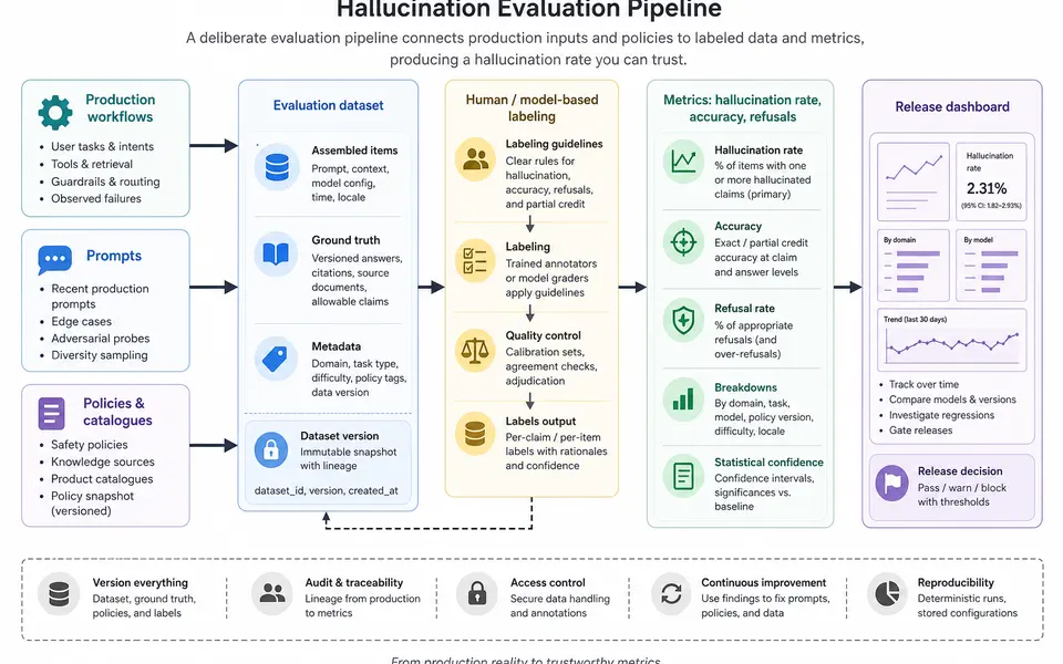 Flow diagram from production prompts and policies through labeling to hallucination rate reporting.