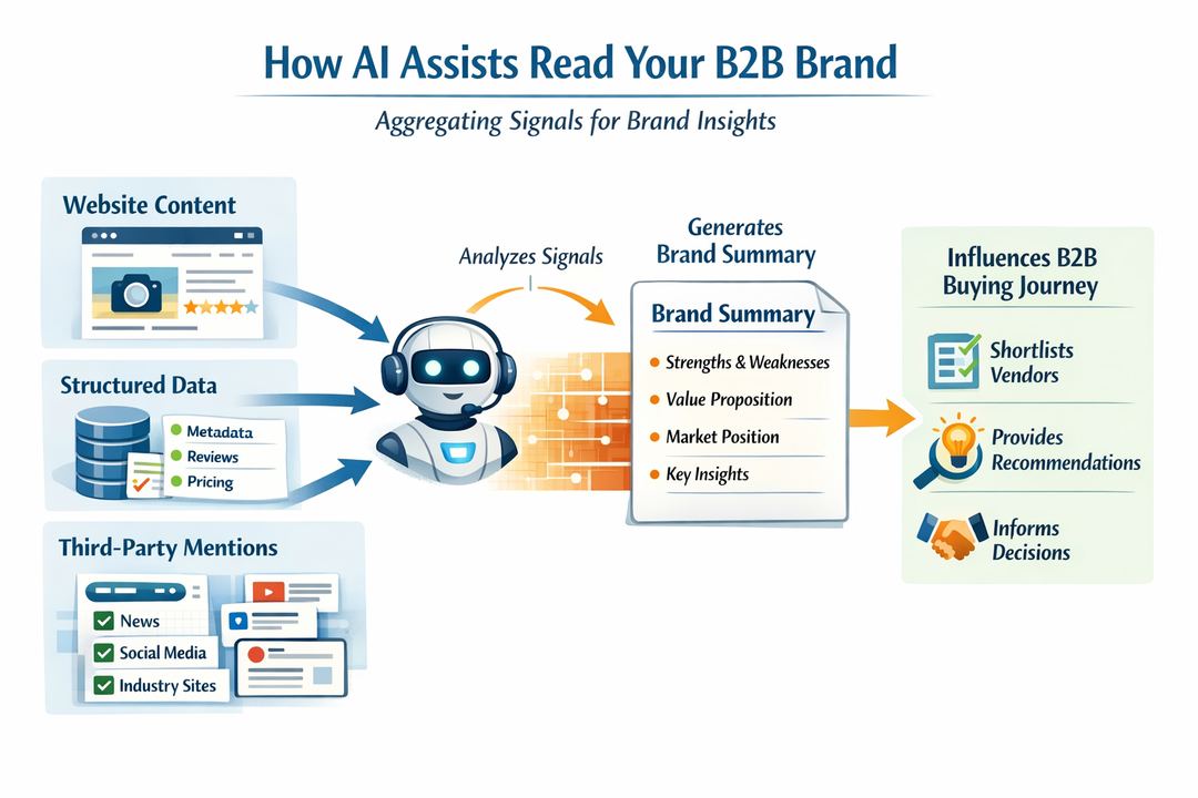 Infographic showing how AI assistants aggregate signals from a website, structured data, and third‑party mentions to form a brand summary.