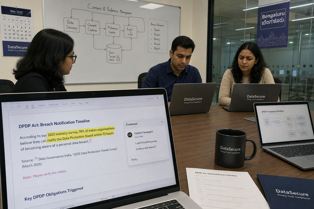 B2B SaaS marketing and legal team in an Indian office reviewing AI-generated content on laptops, noticing a fabricated citation about DPDP breach timelines.
