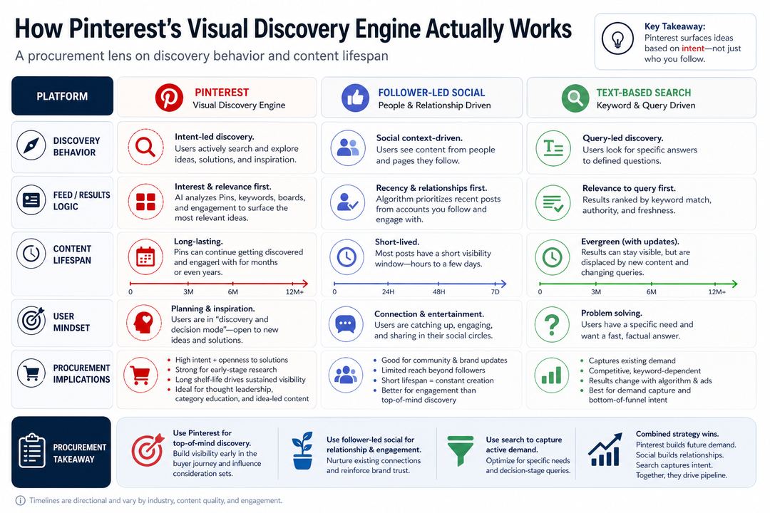Infographic comparing Pinterest, follower-led social networks, and text-based search engines on discovery behaviour and content lifespan.