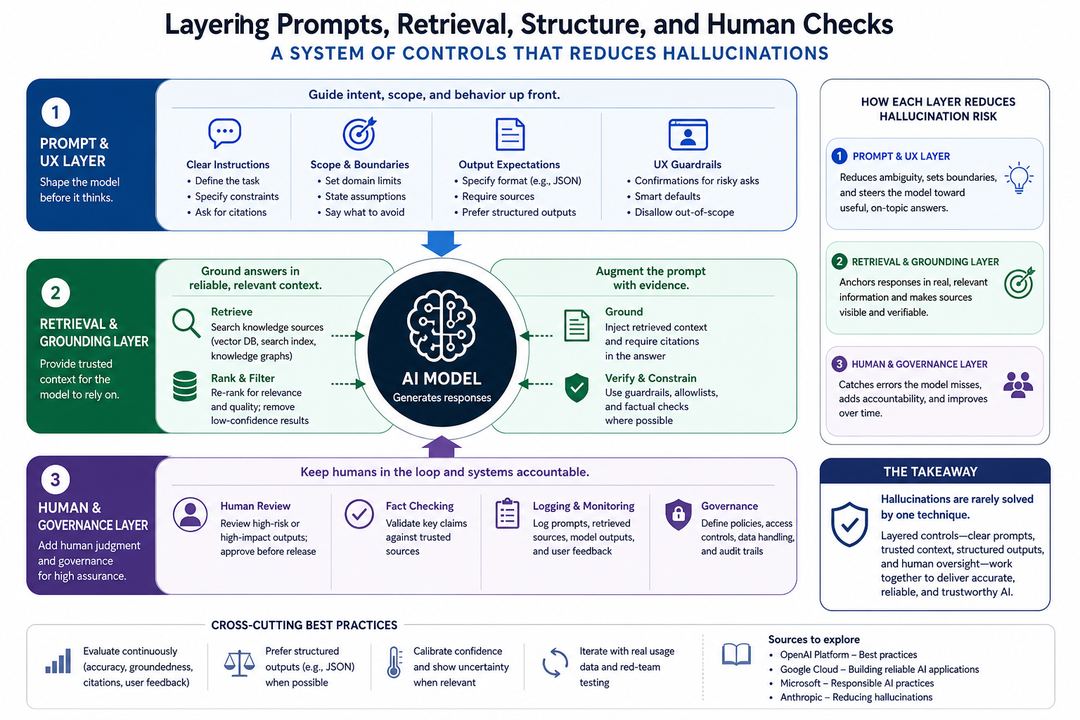 Layered diagram showing prompts and UX at the top, retrieval and grounding in the middle, and human review and governance at the bottom, forming a stack of controls around a central AI model.