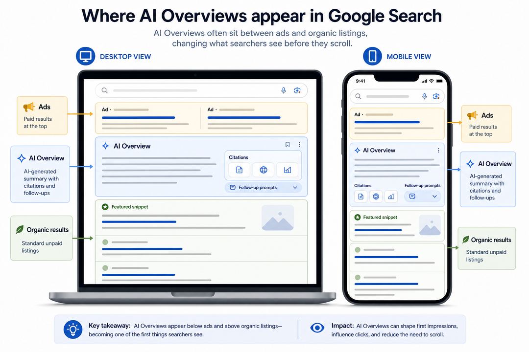 Diagram of a Google Search results page on desktop and mobile, highlighting an AI Overview box above organic listings and below ads.