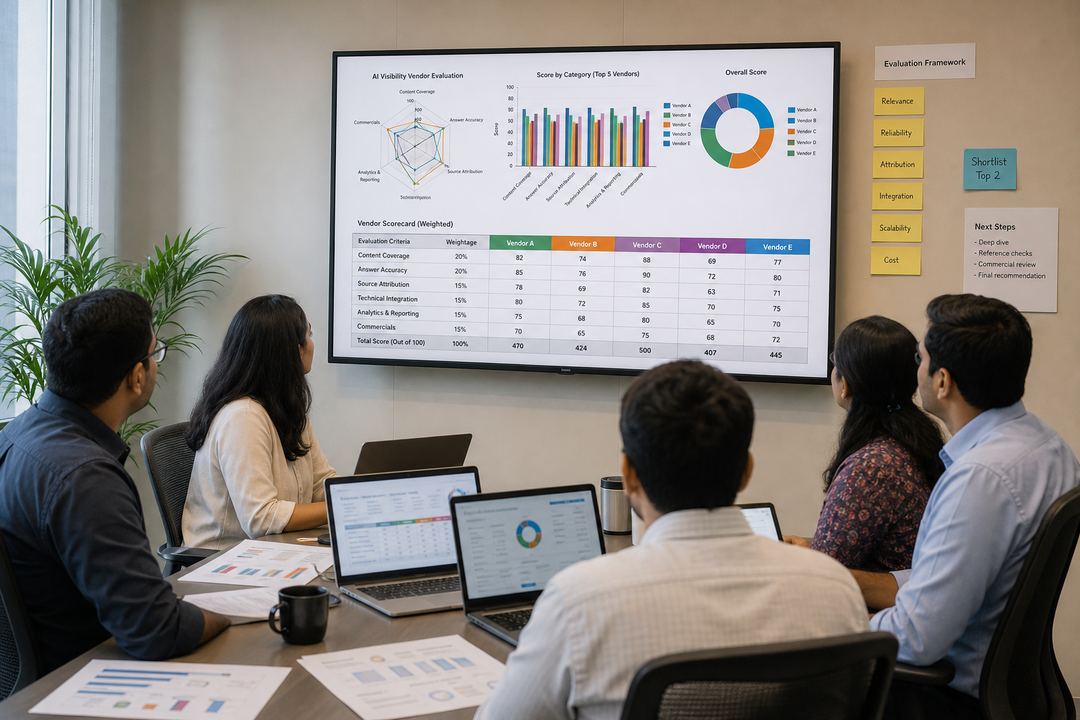 Indian marketing, product, and procurement leaders in a conference room reviewing AI visibility vendor scorecards on laptops and a large screen.