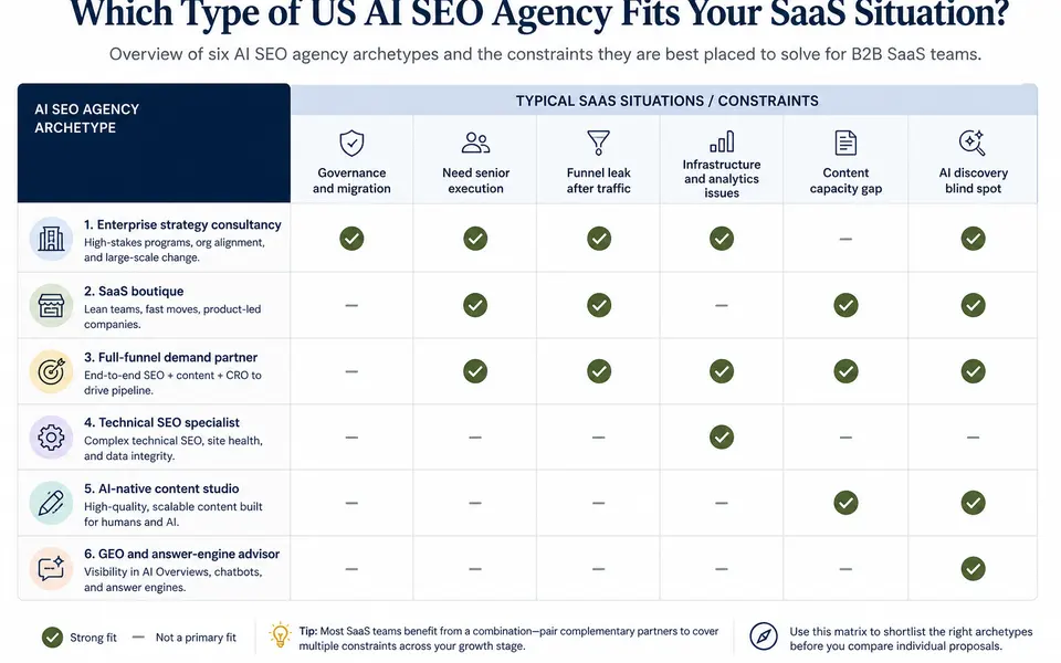 Matrix showing six AI SEO agency archetypes on one axis and typical SaaS constraints or growth stages on the other, with examples of when each archetype fits.