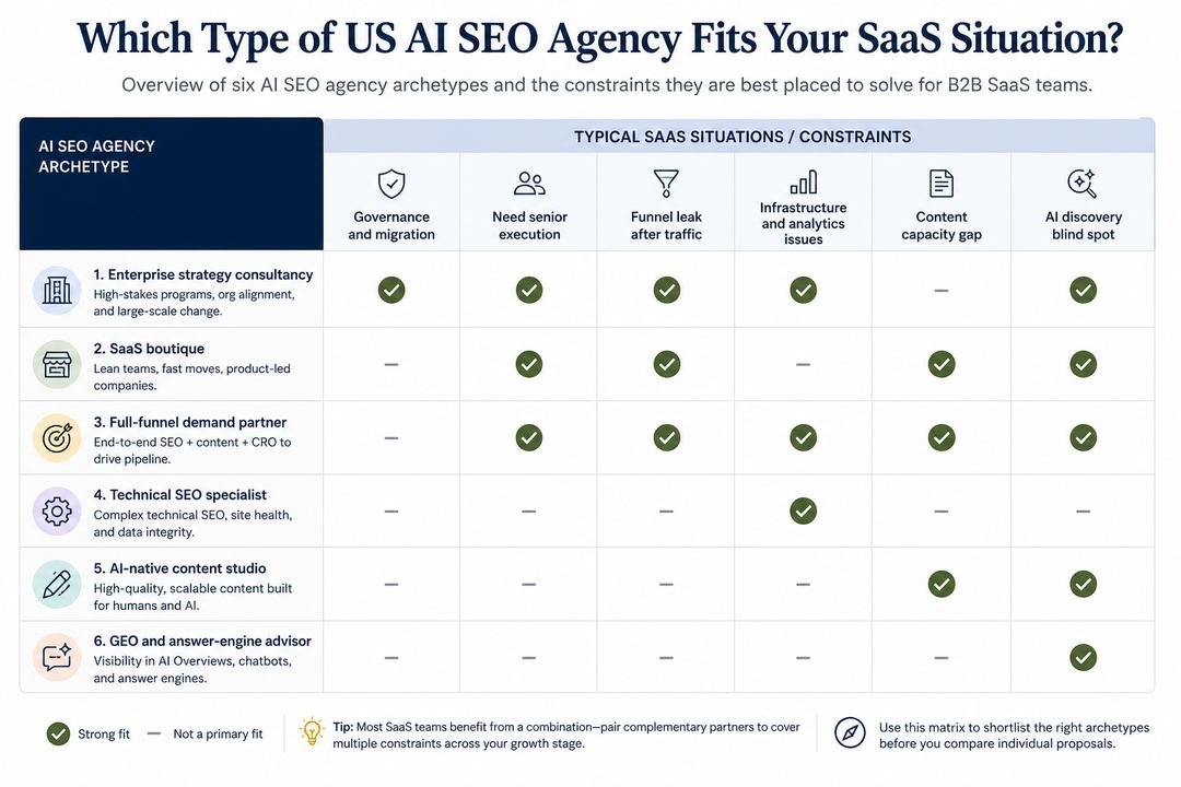 Matrix showing six AI SEO agency archetypes on one axis and typical SaaS constraints or growth stages on the other, with examples of when each archetype fits.