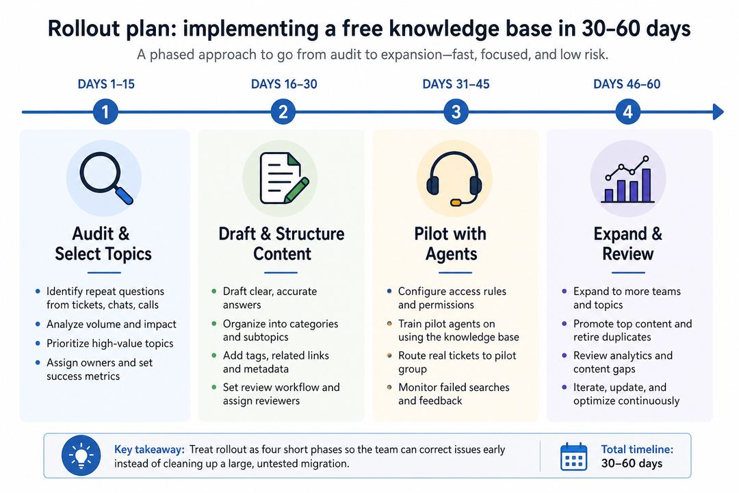 Timeline showing four phases of a 30–60 day knowledge base rollout from audit to pilot and expansion.