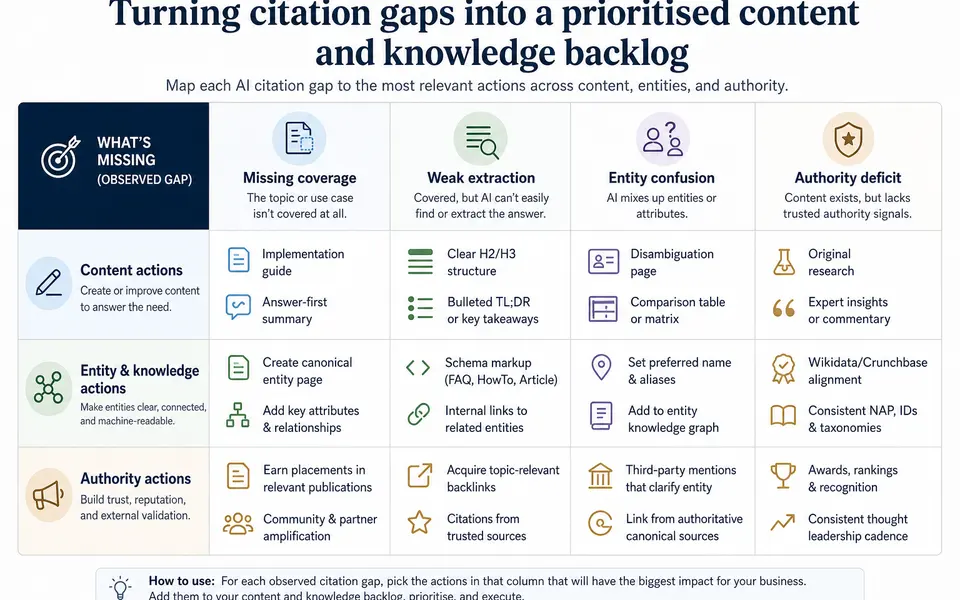 Matrix-style infographic mapping AI citation gap types to the content, knowledge, and authority actions that can close each one.