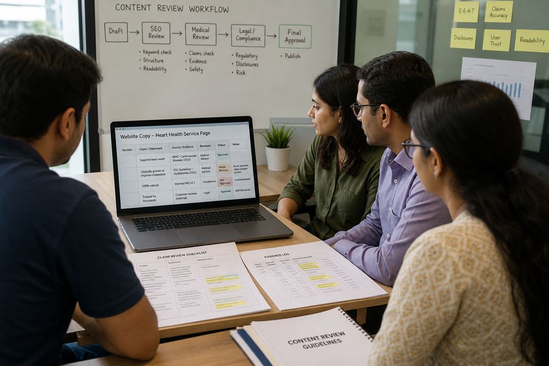 Small cross-functional team in an Indian office reviewing health content on a laptop with printed claim checklists on the table.