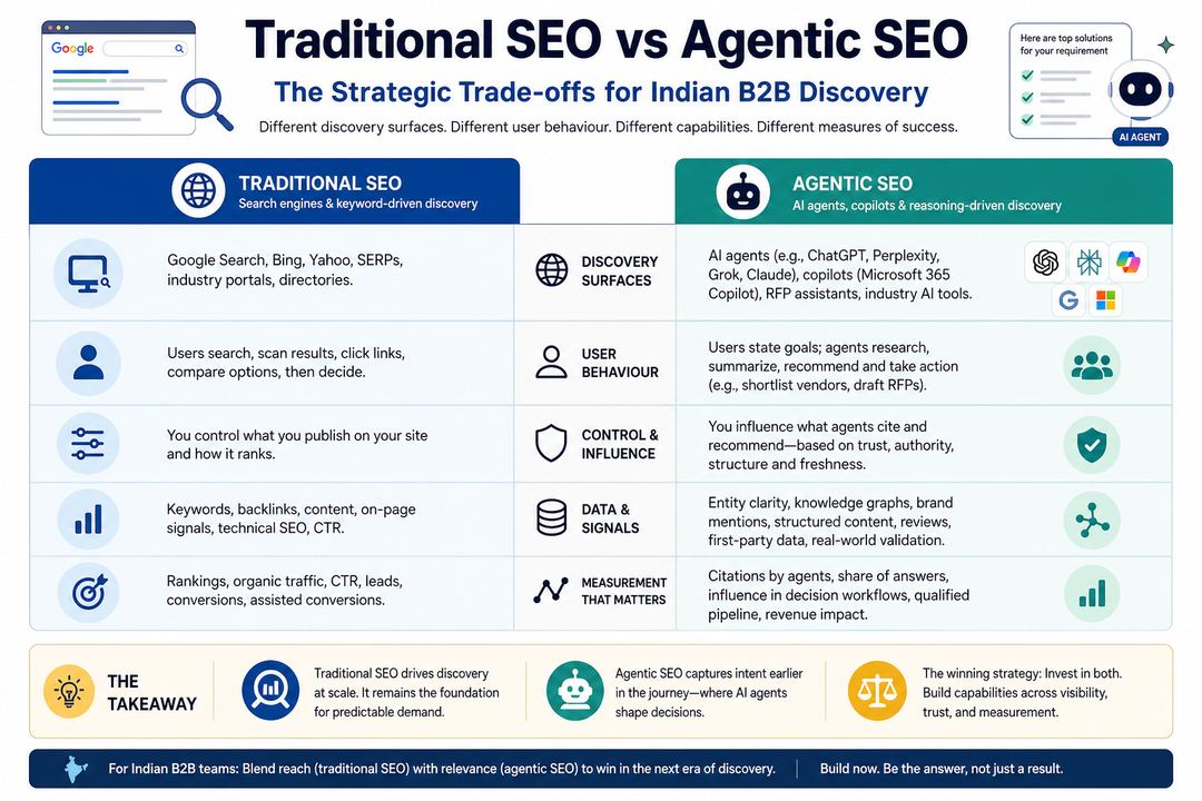 Infographic contrasting traditional SEO and agentic SEO across discovery surfaces, user behaviour, control, data, and measurement.