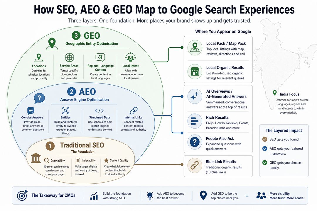 Diagram mapping traditional SEO, AEO and GEO capabilities to Google search appearances and answer surfaces.