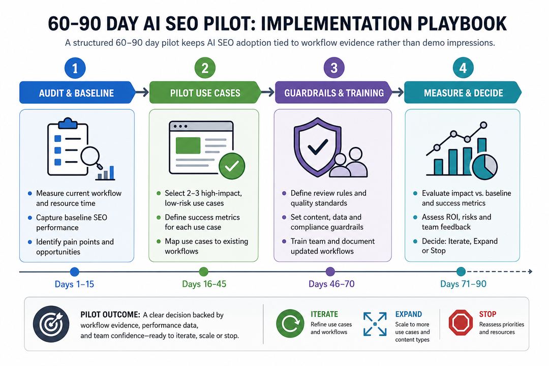 Flowchart of a 60–90 day AI SEO pilot showing phases for audit, pilot use cases, guardrails and training, and measurement.