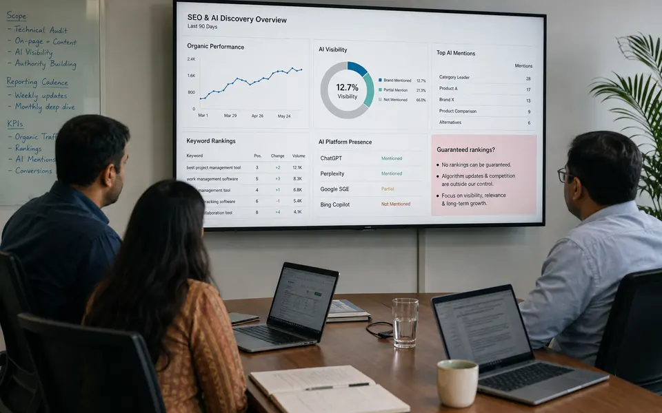 Marketing leader in India reviewing SEO and AI performance dashboards in a meeting with an agency team.