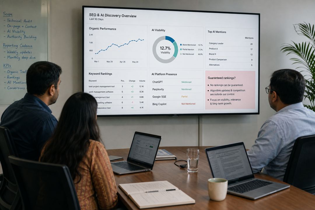 Marketing leader in India reviewing SEO and AI performance dashboards in a meeting with an agency team.