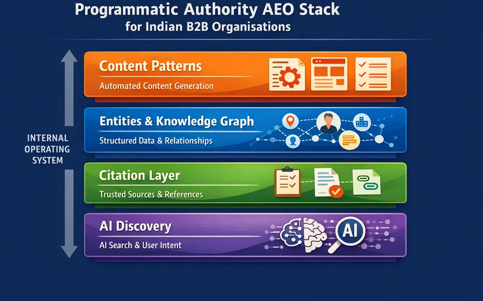 Infographic diagram of a four-layer AEO stack showing content patterns, entities and knowledge graph, citation layer, and AI discovery, illustrating programmatic authority as an internal operating system.