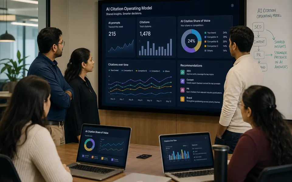 Cross-functional B2B marketing, SEO, PR, and brand team in an Indian office reviewing AI citation dashboards together on a large screen.
