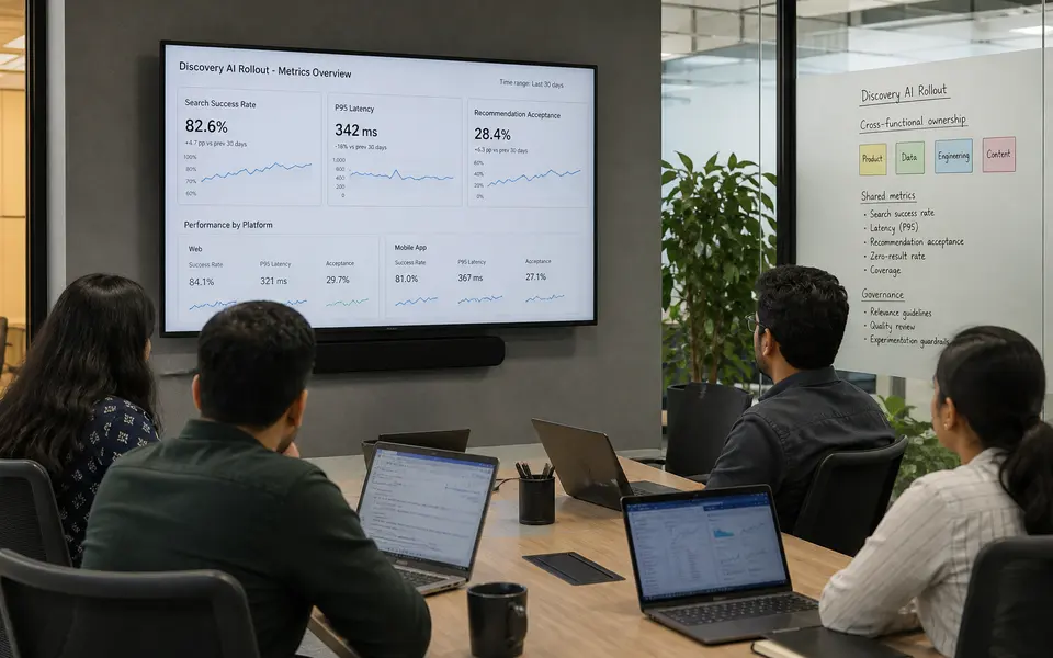 Cross-functional product, data and content team in an Indian SaaS office reviewing discovery metrics on laptops and a wall-mounted dashboard.