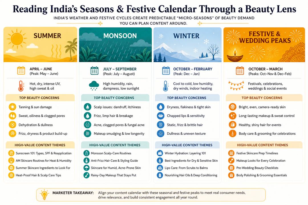 Infographic mapping India’s main seasons and festive peaks to climate conditions, beauty concerns, and example content themes for beauty brands.