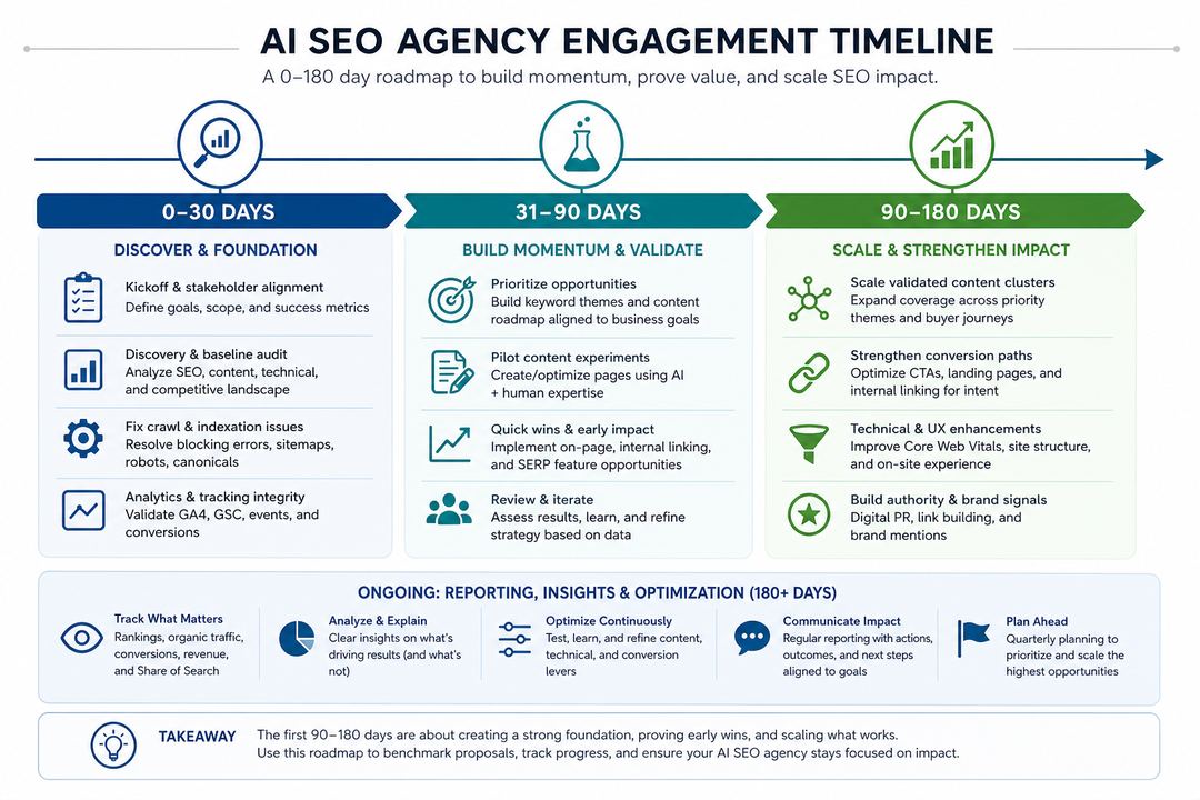 Timeline infographic showing days 0–30, 31–90, and 90–180 of an AI SEO agency engagement with key activities in each phase.
