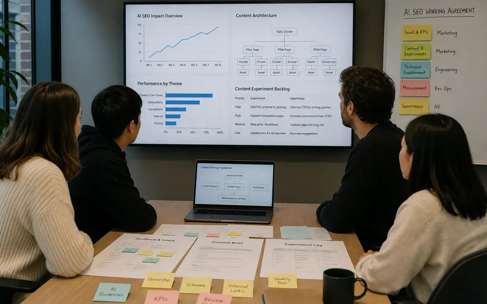 Marketing and product teams in an office collaborating with an external consultant over dashboards and content plans.