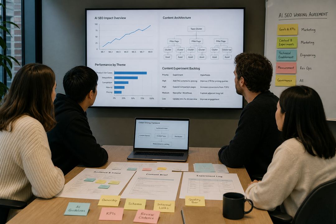 Marketing and product teams in an office collaborating with an external consultant over dashboards and content plans.