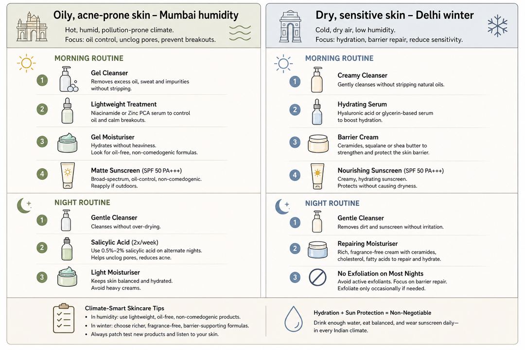 Comparison chart showing example morning and night skincare routines for oily skin in humid Mumbai and dry skin in cold Delhi winters.
