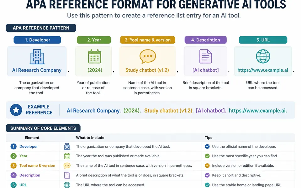 Flow-style infographic showing the APA reference list format for a generative AI tool, including developer, year, tool name and version, description, and URL with a simple example.