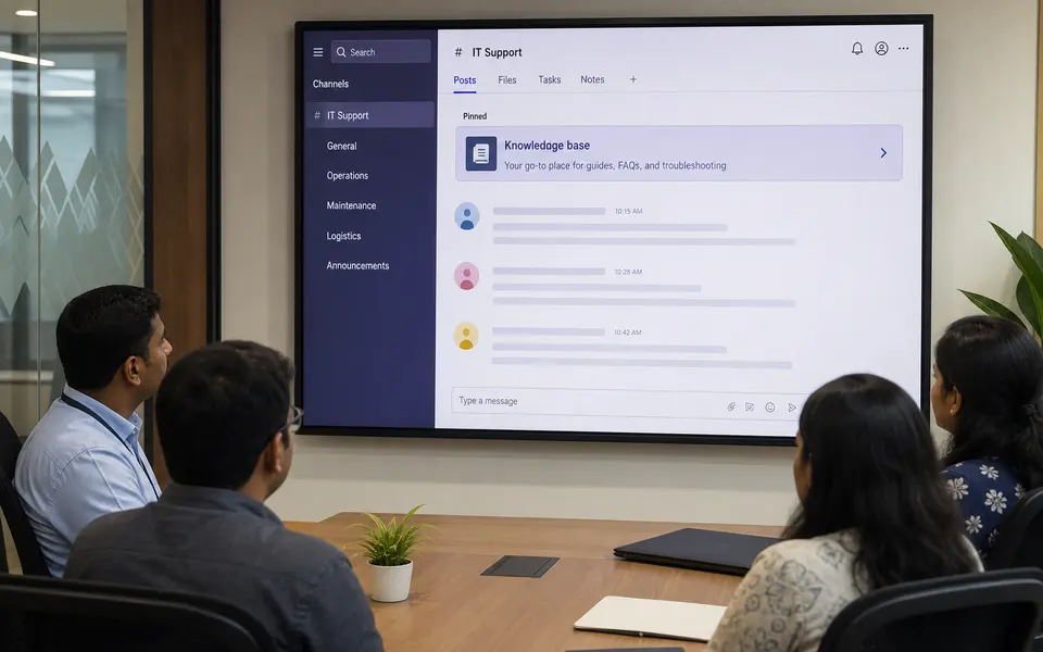 Operations and IT staff in an office meeting room reviewing a Microsoft Teams channel with a pinned link to a SharePoint knowledge base.
