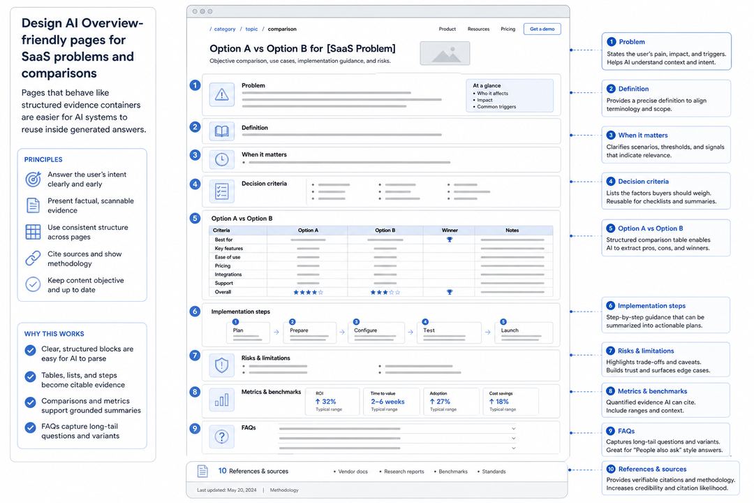 Wireframe-style layout of a SaaS comparison page annotated with sections for definition, problem context, decision criteria, implementation steps, risks, FAQs, and references.