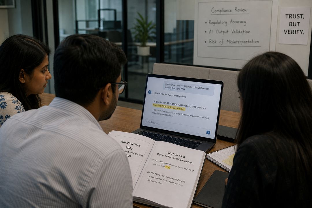Indian compliance and content team reviewing an AI-generated regulatory summary on laptops in a conference room.