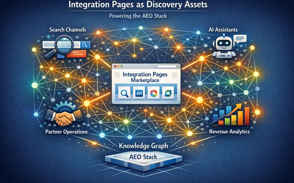 Infographic showing integration pages feeding search, AI assistants, partner operations, and revenue analytics as part of an AEO stack.