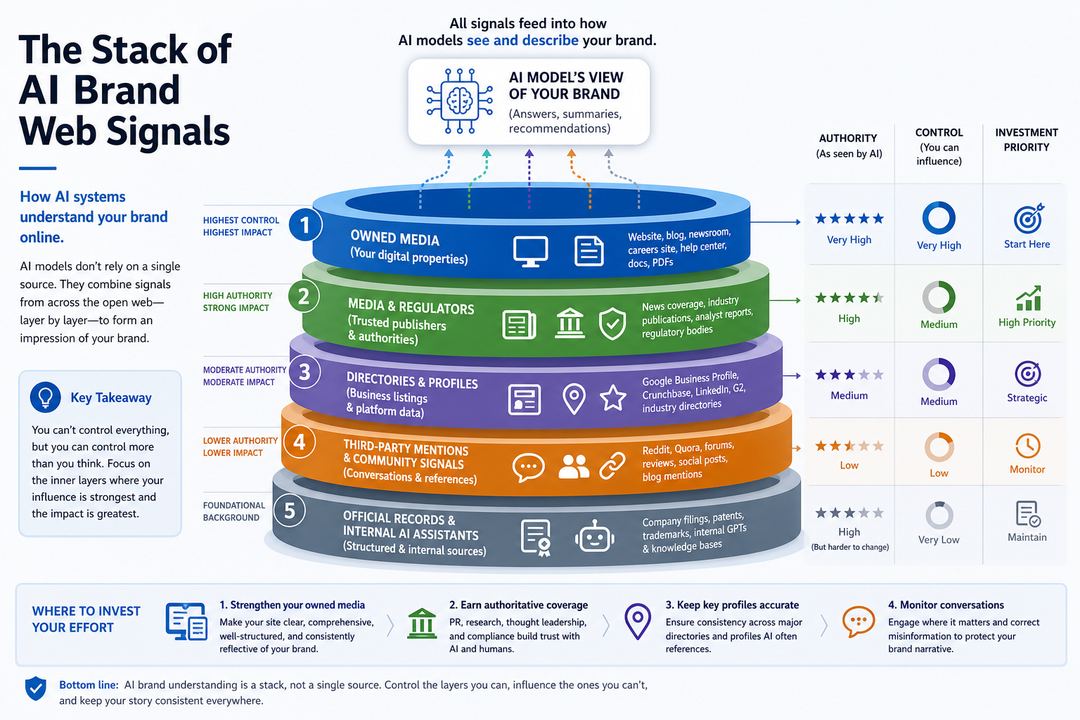 Layered diagram showing owned sites at the core, surrounded by media and regulators, then directories and profiles, and finally official records and internal AI assistants, all feeding into an AI model’s view of a brand.