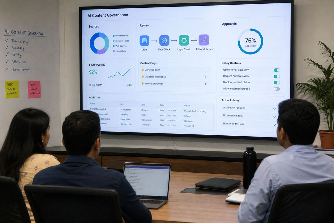 Content, SEO, and security leads at an Indian B2B SaaS company reviewing an AI content governance dashboard together.