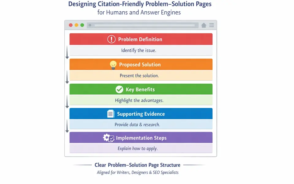 Infographic diagram of a problem–solution page layout from problem definition at the top to evidence and implementation details at the bottom.