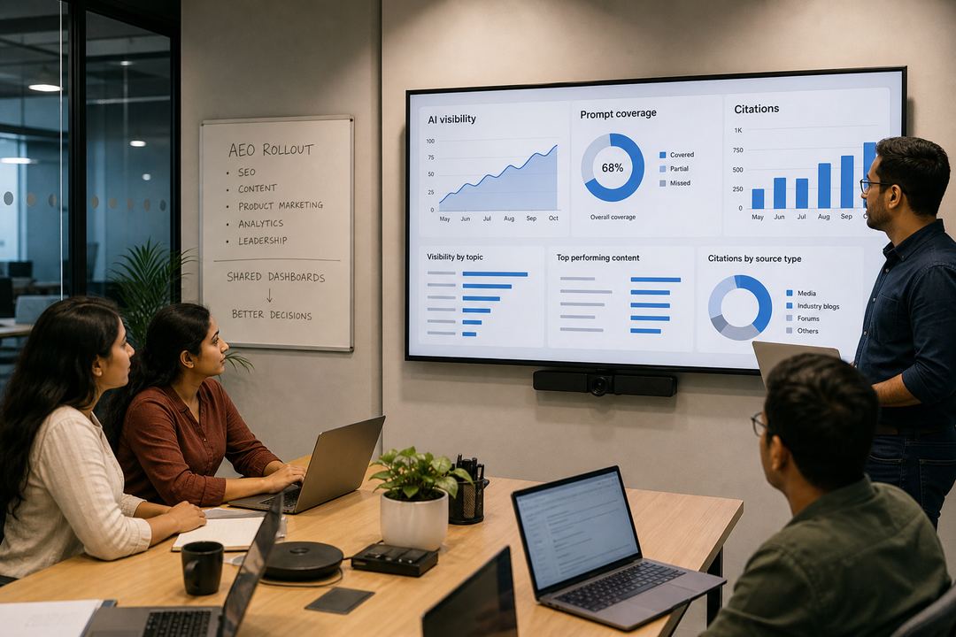 Cross-functional B2B marketing and product team in an Indian SaaS office reviewing AI visibility dashboards on a large screen during a rollout meeting.